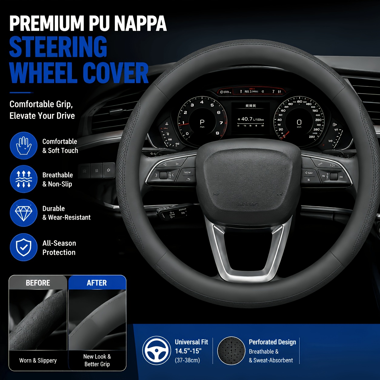 TEMU High-end Texture Pu Steering Wheel Cover Universal Car Handle Cover Perforated Breathable Comfortable Grip Anti-slip Wear-resistant Car Interior