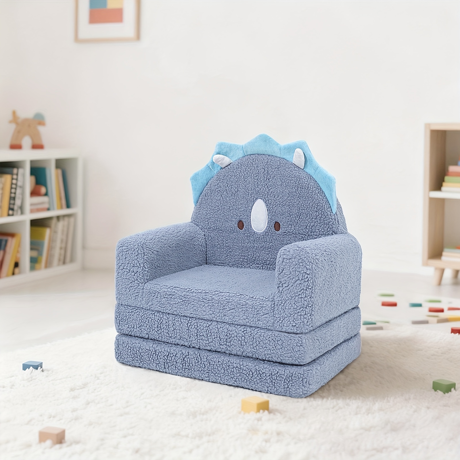 Kids Sofa 2-in-1 Convertible Kids Couch Fold Out Lounger Soft Sherpa Kids Chair High-Density Foam Sofa Cute Brown Bear Playroom Nursery Furniture for Boys Girls Room Decor