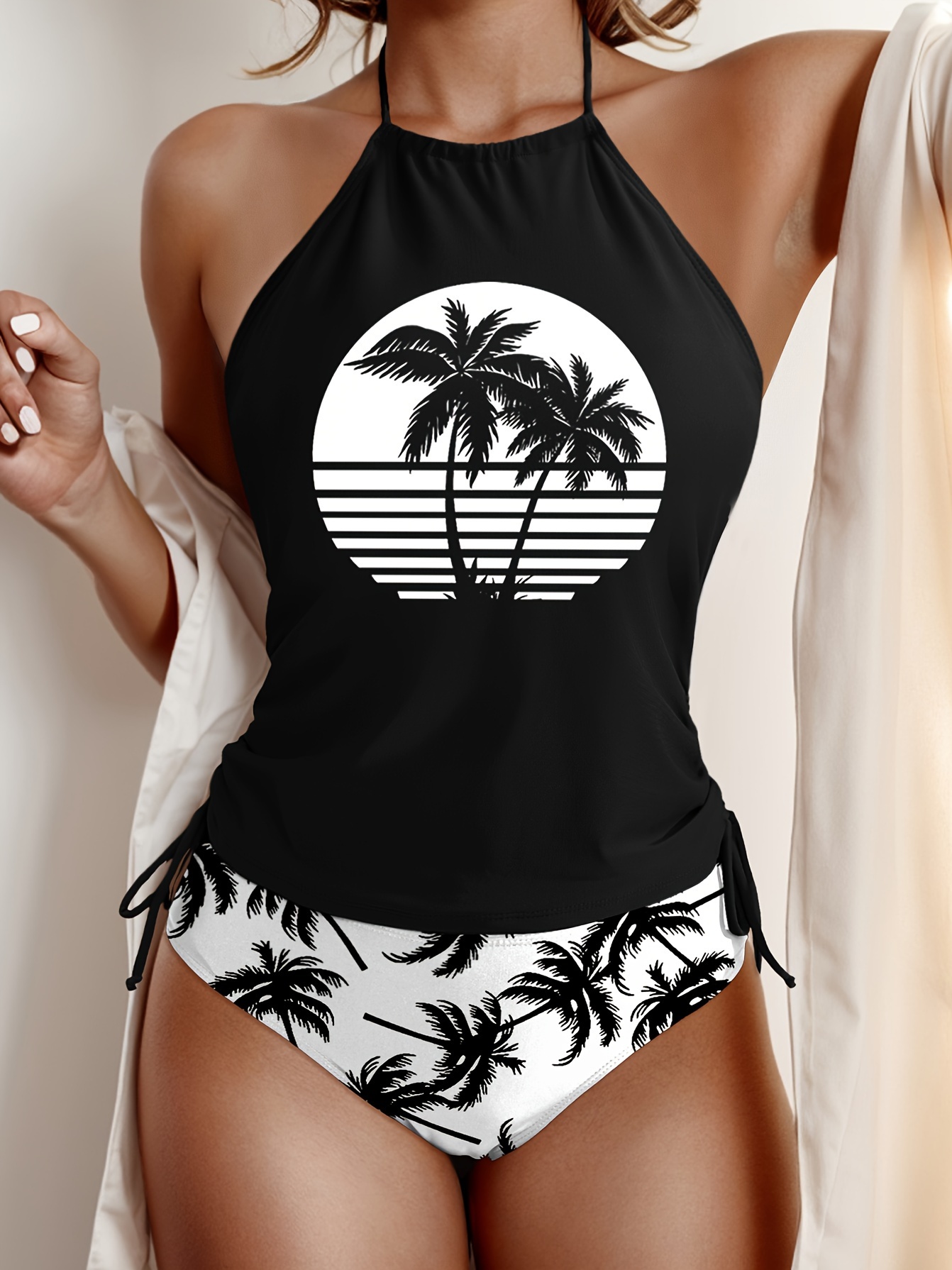 Coconut Tree Set Pattern Drawstring 2pcs Set Swimsuit, Halter Tie Neck Backless Stretchy Low Waist Bathing Suit for Beach Pool, Women'S Swimwear & Clothing