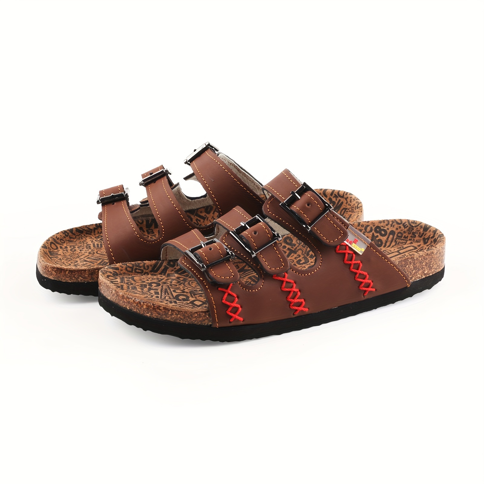 durable build womens retro   strap cork slides open toe   sole casual beach sandals with adjustable double   design brown leather upper with artistic pattern Product details 0