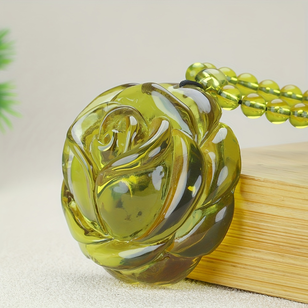 Amber Yellow Rose Carved Pendant Necklace, Boho Style