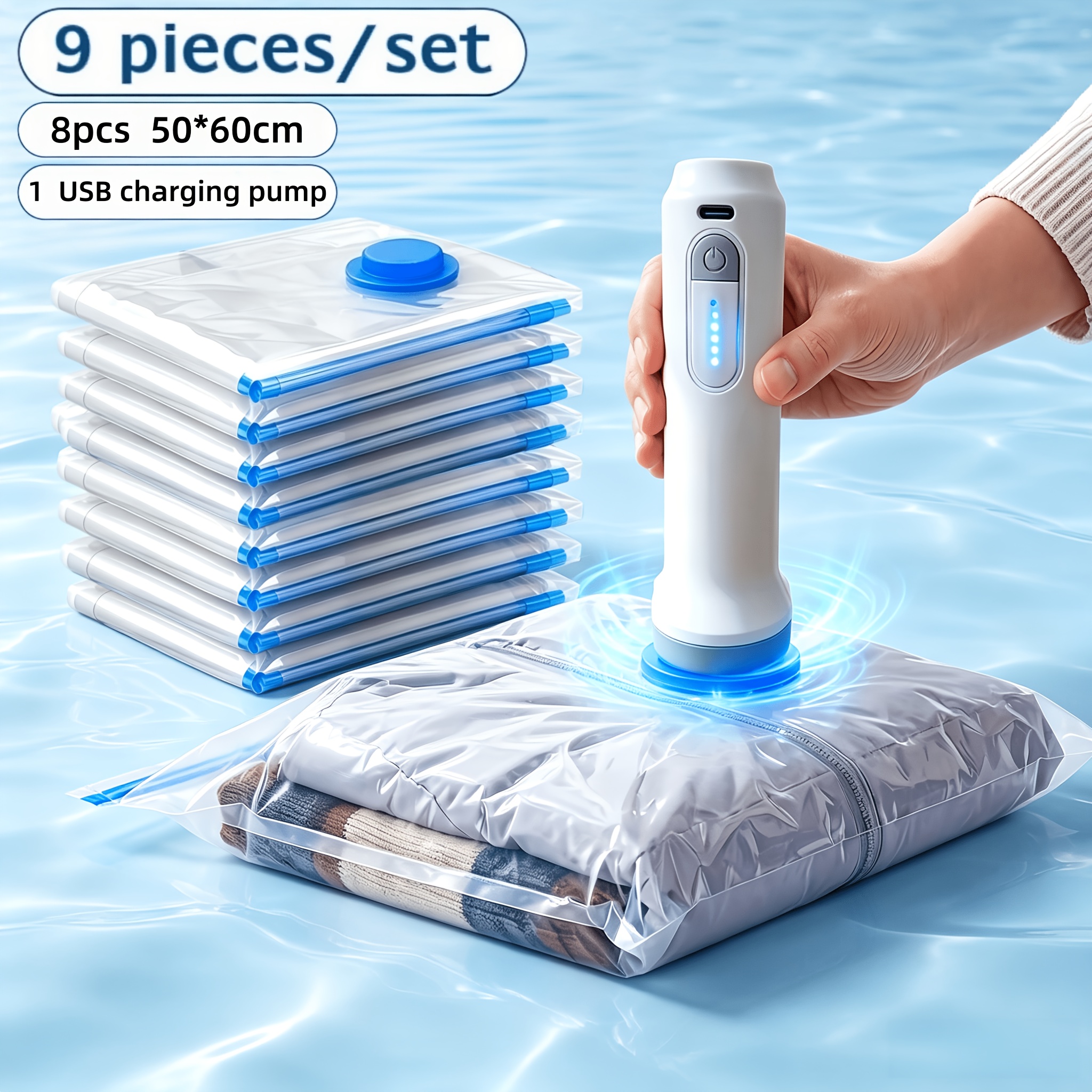 TEMU 9pcs/set Vacuum Storage Compression Bag Set And Rechargeable Handheld Electric Vacuum Pump, Reusable Vacuum Sealing Bags For Clothes, Blankets,