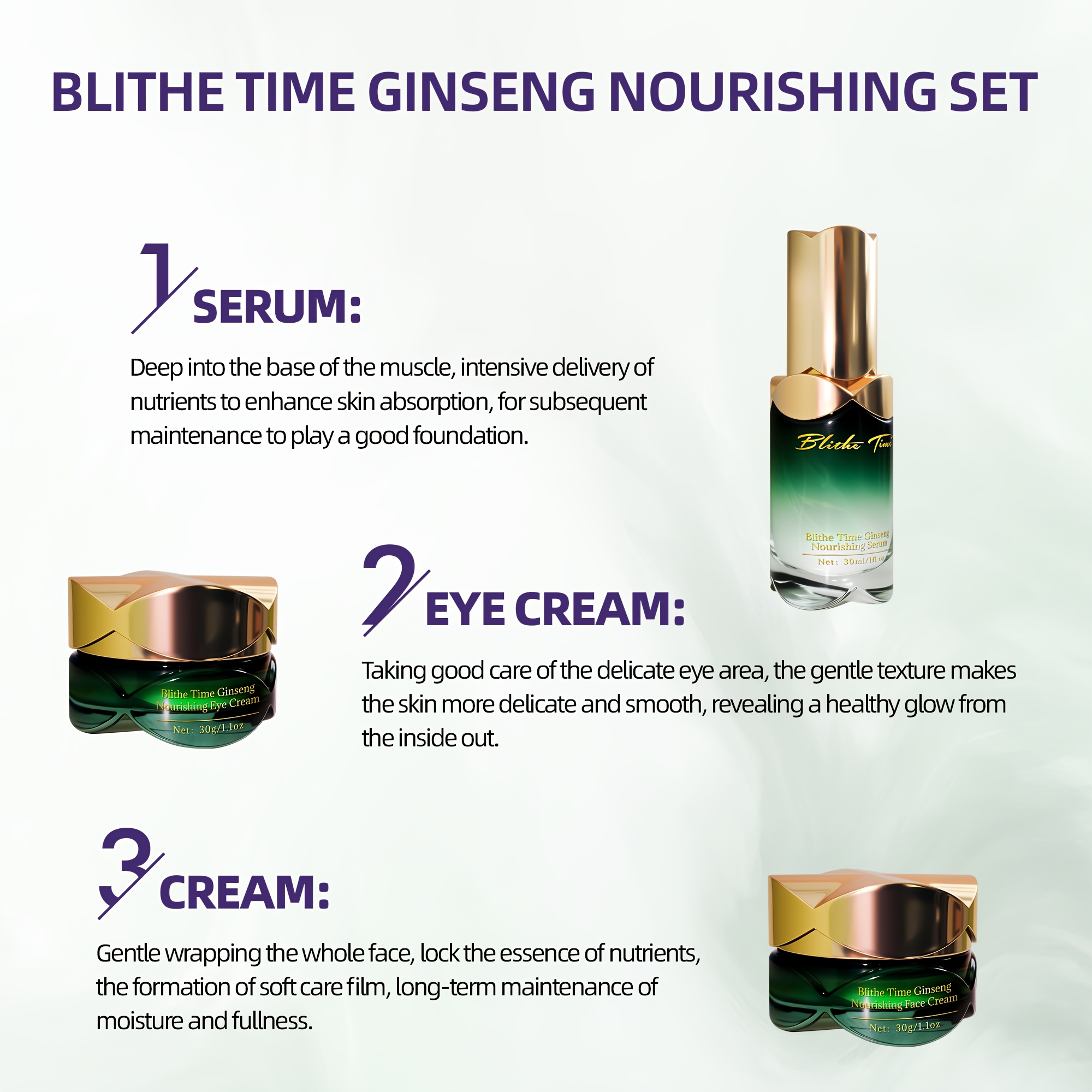 4 komada Blithe Time Ginseng Set za njegu kože s ekstraktom korijena ginsenga - Hidratantni i učvršćujući gel za lice, putne veličine (veliki kapacitet), za sve svijetle bež tipove, gel za žene, luksuzni set za njegu kože kao poklon