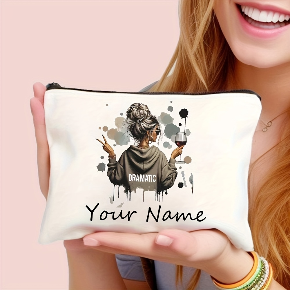1 5 Custom Name Makeup Bags - Featuring A Wine Glass And Splatter Art Design, Durable Polyester Large Capacity Cosmetic Pouch, Portable Lightweight Travel Storage Bag, Machine Washable