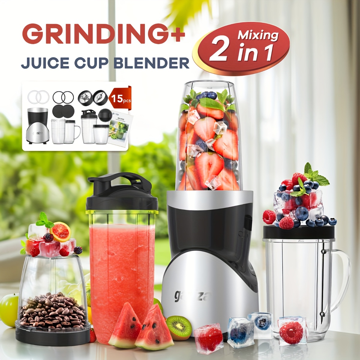TEMU Blenders For Smoothies And With 15pcs Blender&grinder&shakes Combo, Cup, Blades Recipe For Shakes, Protein Drinks, Fruit Vegetable Drink, Nuts,