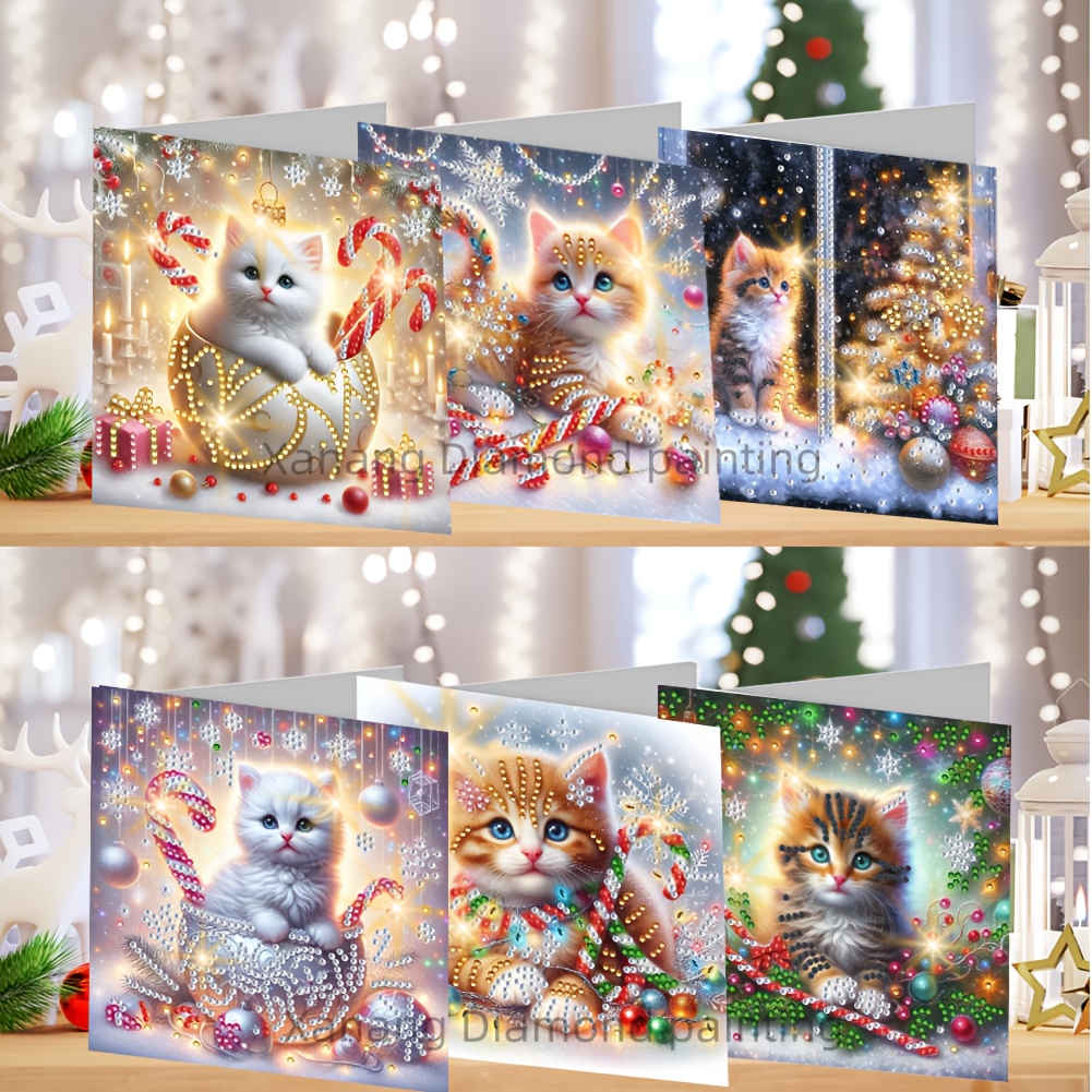TEMU 6-pack Of Seasonal Diamond Painting Greeting Cards - Christmas Cat