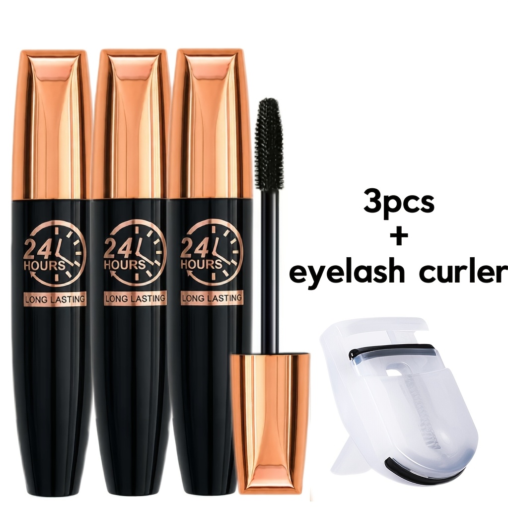 TEMU 3pcs Volumizing Mascara And 1pc Eyelash Curler Set, Long-lasting, Waterproof, And Formula, Providing Volumizing And Lengthening Effects, A Color