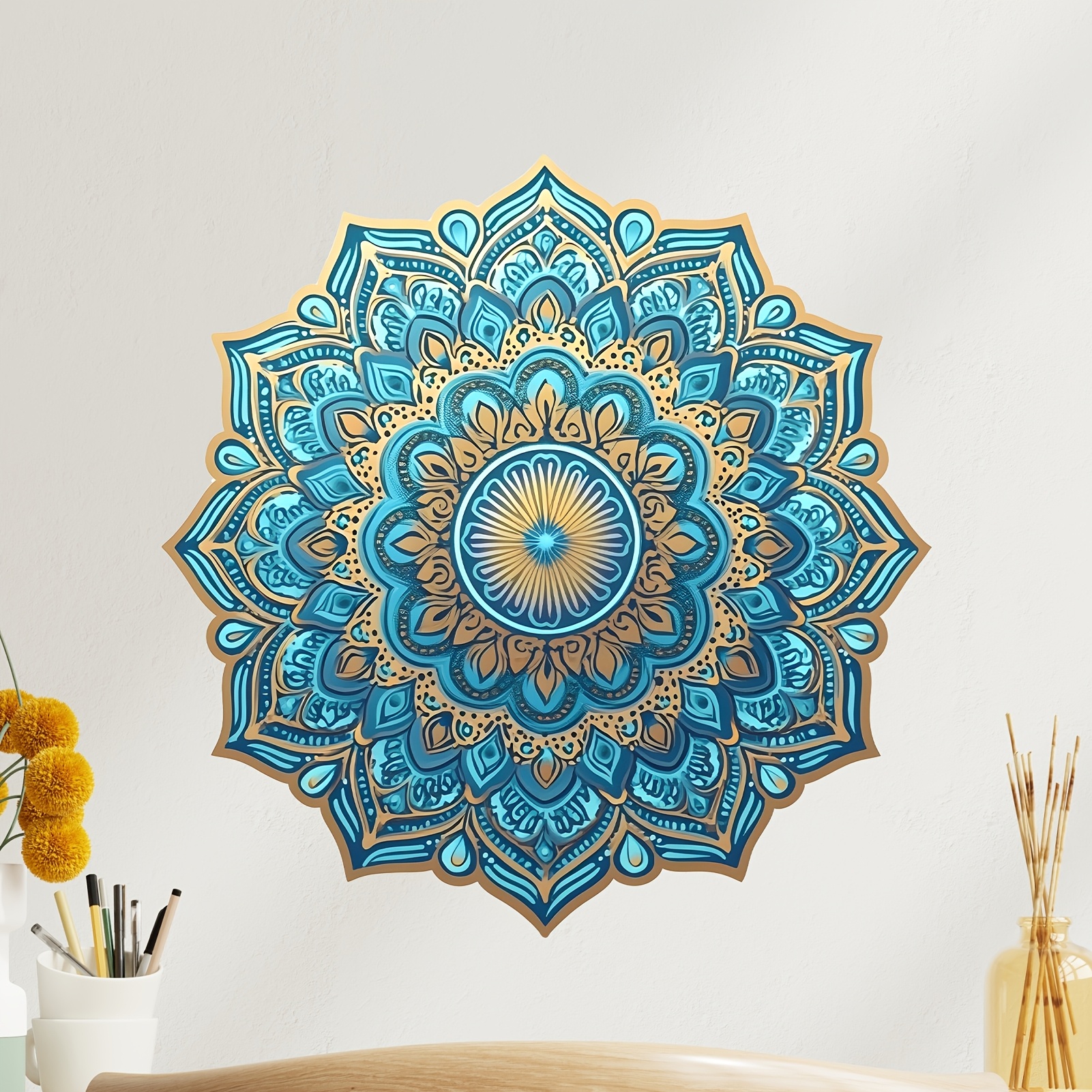 

Bohemian Blue Mandala Flower Wall Decal - Diy Self-adhesive Pvc Sticker For Living Room, Bedroom, Office Decor