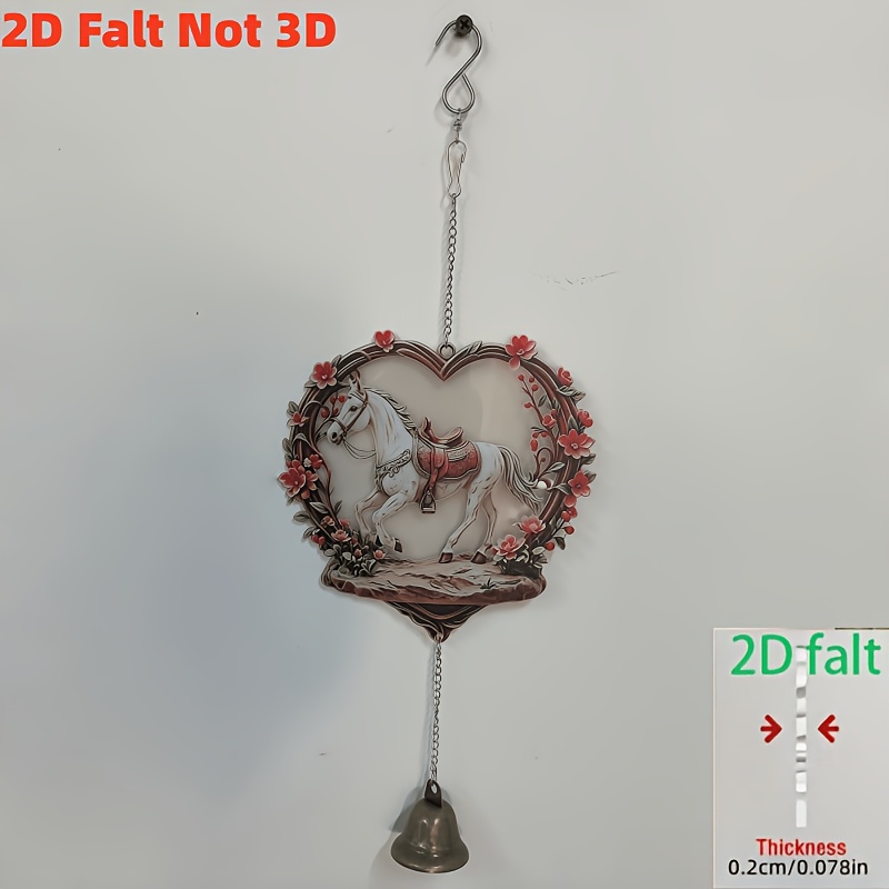 TEMU Heart-shaped Wreath Vintage Ornament With White Horse And Single Bell Wind Chime Decorative Hanging Piece. Features A Heart-shaped Red Floral