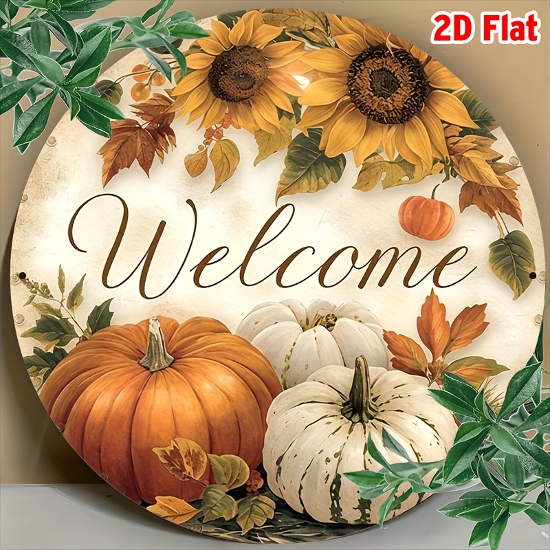 TEMU Panneau de rustique de ferme 2D plat, 1 pièce - Décoration murale en métal et citrouille avec lettrage cursif, couronne en aluminium 8x8 pouces