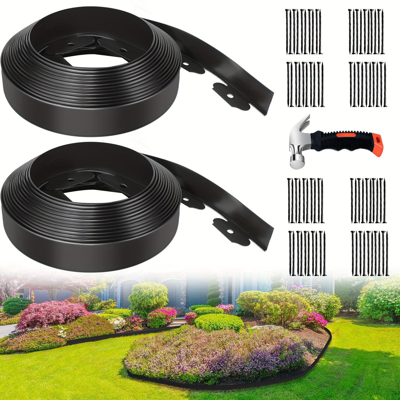 

Landscape Edging 2" X33' 2 Pack, With 80 Spike And 1 Hammer, Plastic Edging For Landscaping, Garden Edging Paver Edging Lawn Edging, Black