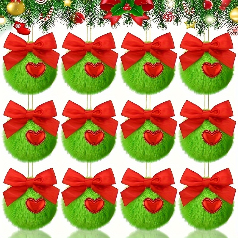 

12pcs Green Fur Christmas Ornaments With Red Bow - Cute Elf Pom Poms For Tree Decoration, Holiday Parties & Home Decor, Best For Christmas