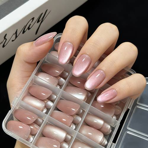 144pcs nude pink short almond cat eye press on for nails stylish glitter full coverage for nails set suitable for nail salons daily use special occasions shiny artificial reusable false for nails for women to wear easy to apply