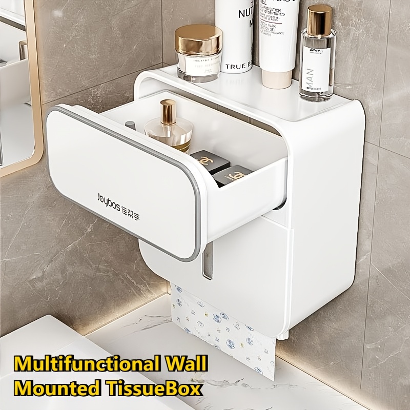 TEMU Joybos No Drill Wall-mounted Toilet Paper Holder With Storage Shelf - Adhesive/-mountable Tissue Box, For Long Rolls & Disposable Papers, Space-