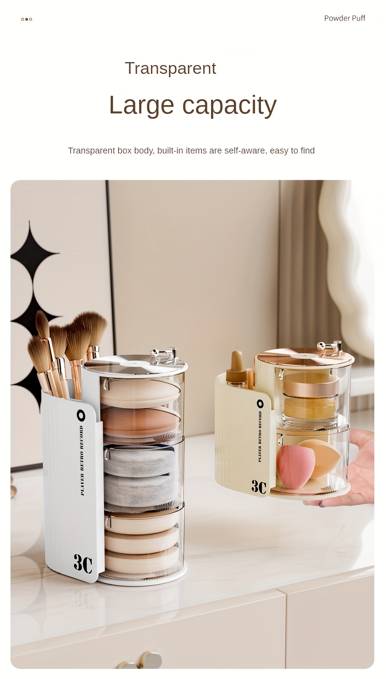 luxury 3c rotating makeup brush puff storage box dustproof multi layer design independent   desk organizer for dressing table bathroom office home use countertop mounting no electricity needed countertop organizer sleek aesthetic durable plastic makeup storage organizer makeup organizer for vanity Product details 3