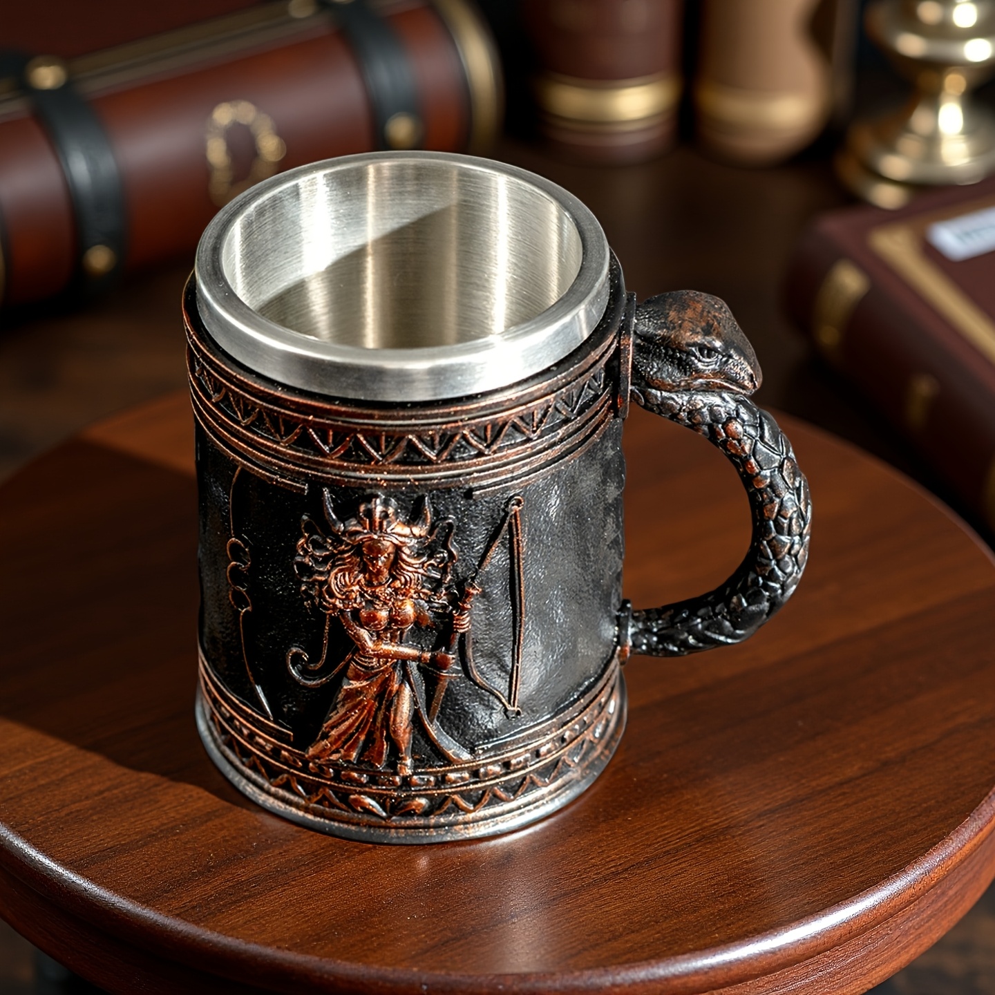 medusa greek mythology stainless steel beer mug with resin accents - insulated non-slip oval cup for coffee, beer & wine - reusable gift for halloween, christmas,  , mother’s day, festive drinkware, medusa design,   material, holiday decor, medusainspired design, hand wash only, themed drinkware, collectors item details 8