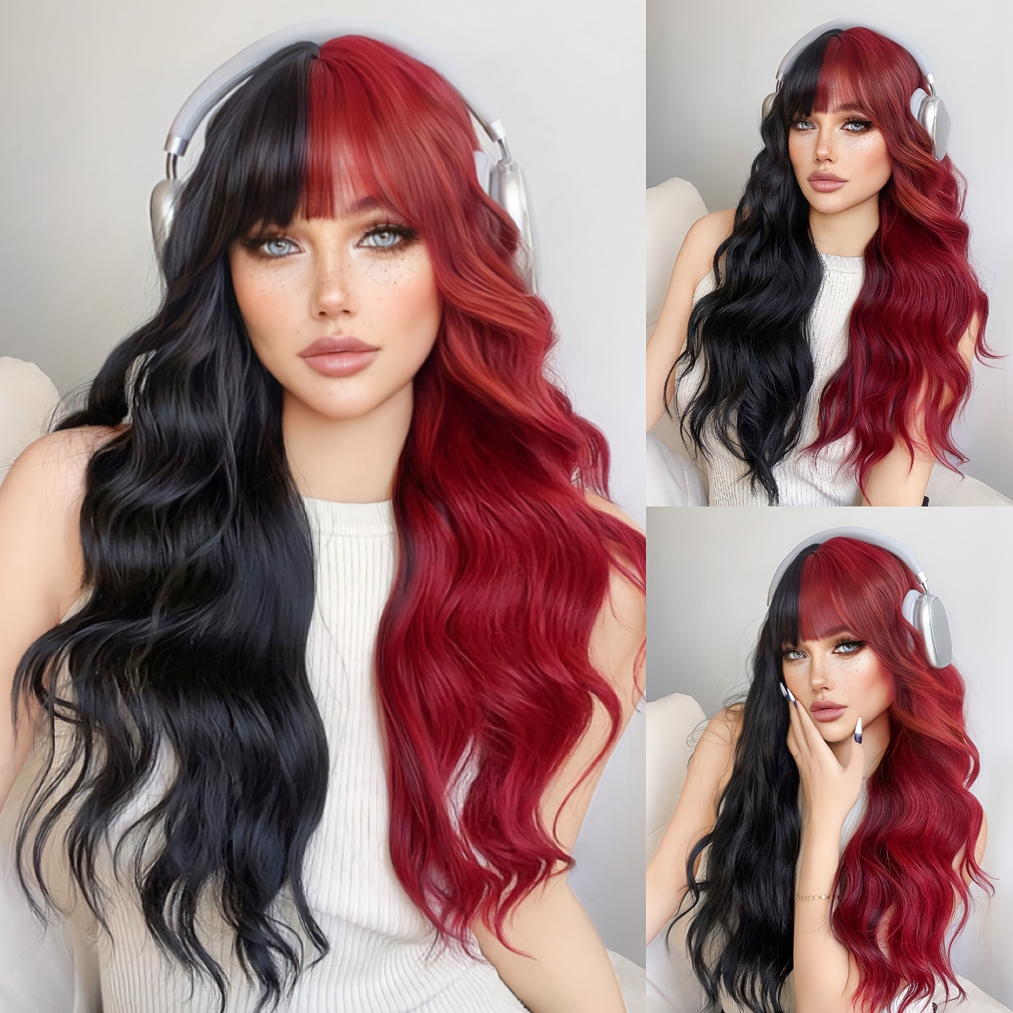 Synthetic Women s Wig Red Black Wavy Hair Bangs Christmas Temu