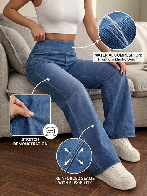 Artikelbild damen hellblaue high-waist wide-leg jeans - retro washed denim hose mit bauchkontrolle, - loose fit, freizeit- und bürokleidung, dehnbare wide-leg hose