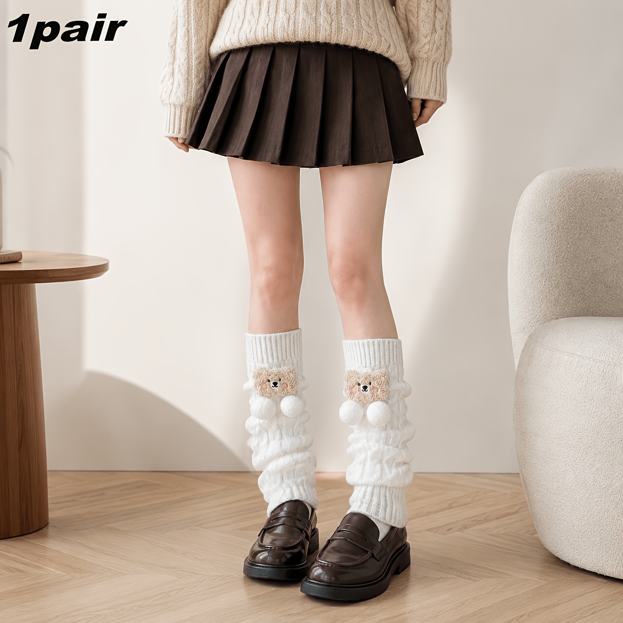 TEMU 1 Pair 1-pair Suitable For Autumn/winter 3d Cartoon Bear & Pom-pom Socks With Hook-and-loop Closure - Warm Snow For, Cute Winter Footwear For