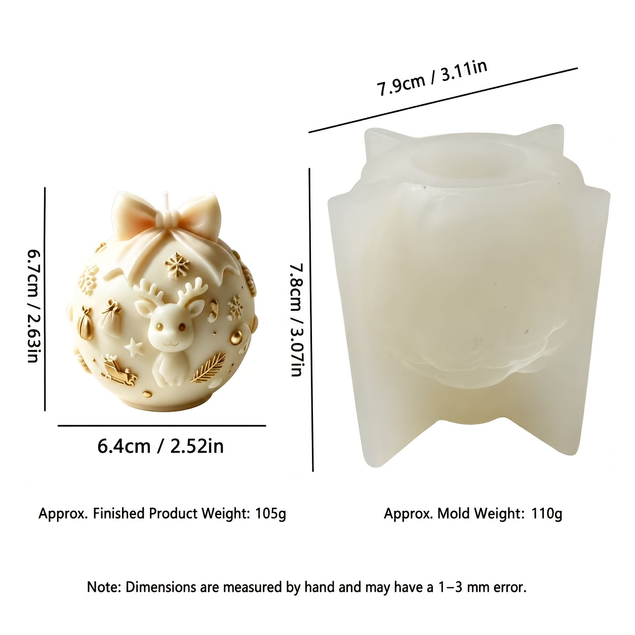 TEMU 3d Christmas Reindeer Ball Silicone Candle Mold, Christmas Ornament Ball Mold With Bow And Snowflake Pattern, Diy Soy Wax Candle Making Tool,