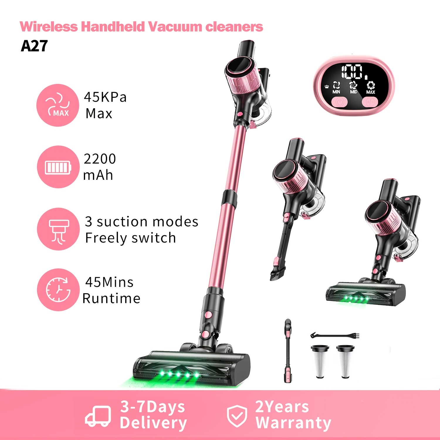TEMU High Suction Home Vacuum Cleaner, 45 Minutes , 3 Cleaning , Lightweight And Quiet Cleaner, Upgraded Green Led Brush Light, Led Display, Wide
