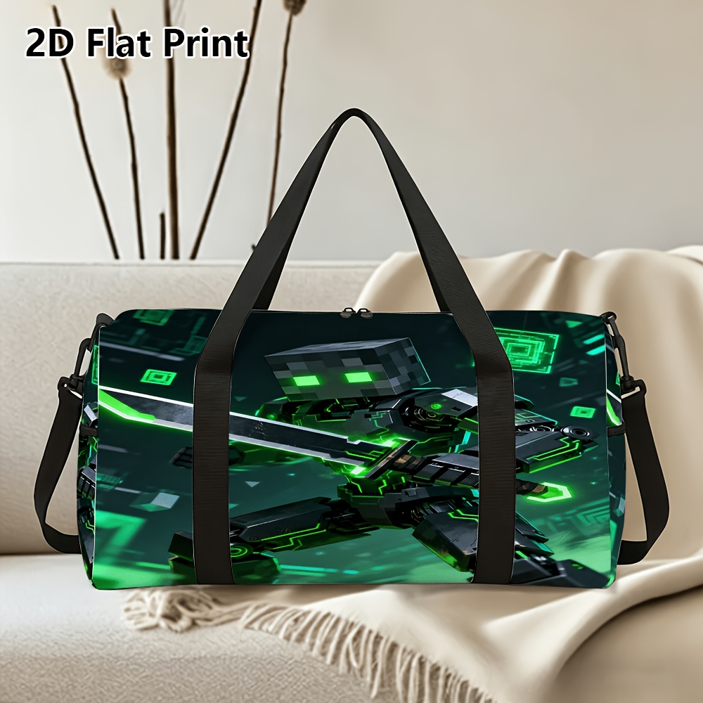 TEMU 1pc Green Pixel Robot Pattern Portable Shoulder Gym Duffel Bag For Travel Fitness Daily Outdoor Sports