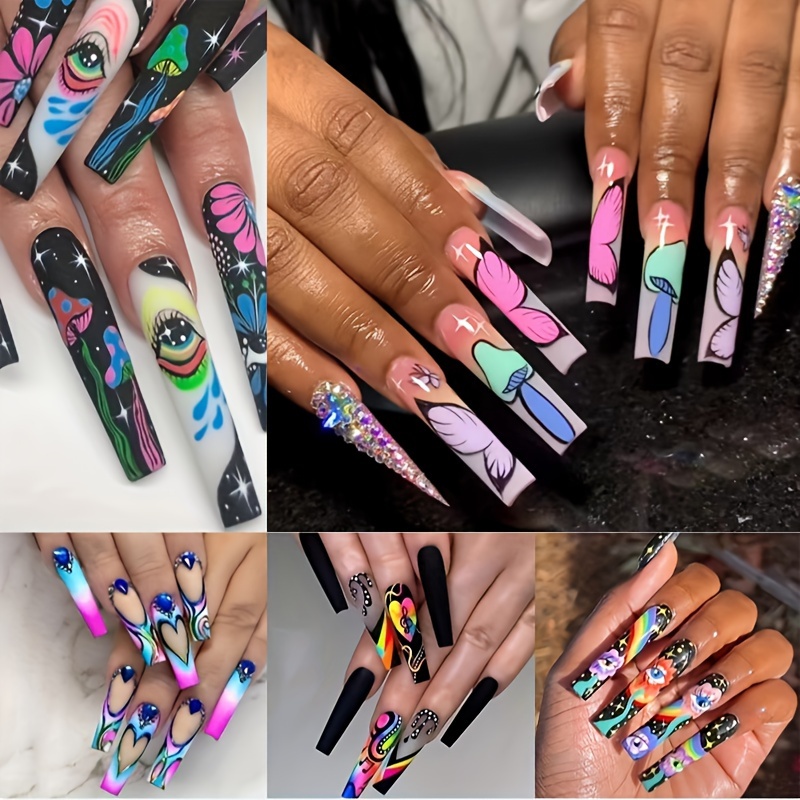 

5 Boxes (120 Pcs Extra Long Press On Nails Fake Nails Set - Eyes & Crystal Rhinestones Matte With Glue On Nailscolorful Stripes Floral Patterns-wearable Nail Art - Gift Set