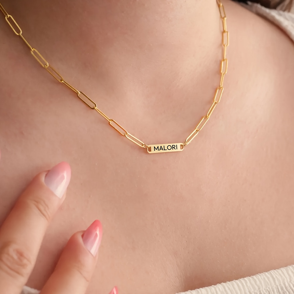 TEMU Stainless Steel Paperclip Chain Name Necklace, Personalized Long Bar Necklace, Black Printed Tag Necklace, Custom Fashion Jewelry Gift, Gift For