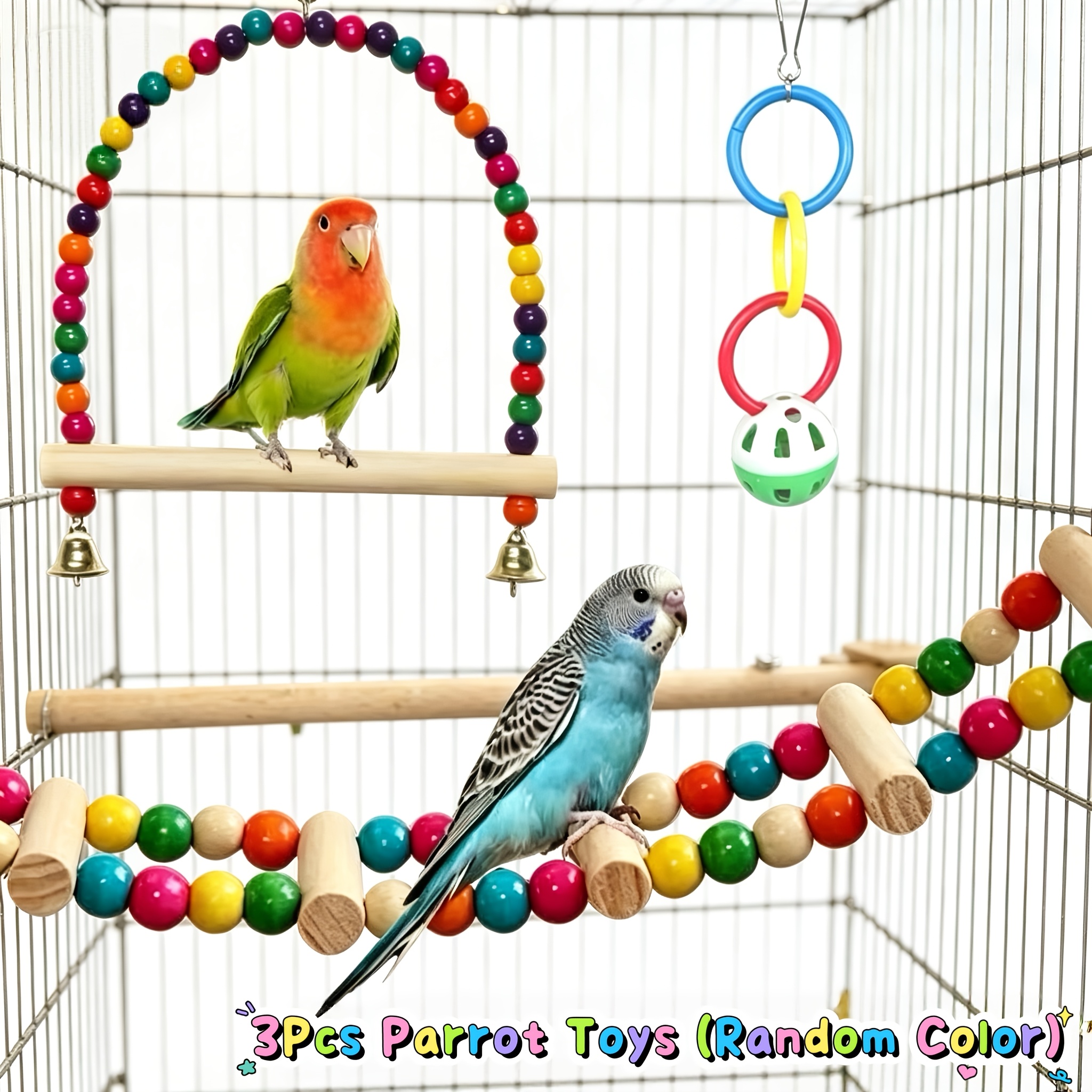 TEMU 3 Pack Parrot Toys, Bell Swing   Climbing Ladder   Perforated Bell Balls, Safe Durable Hanging Cage Accessories For Beak Grinding Climbing