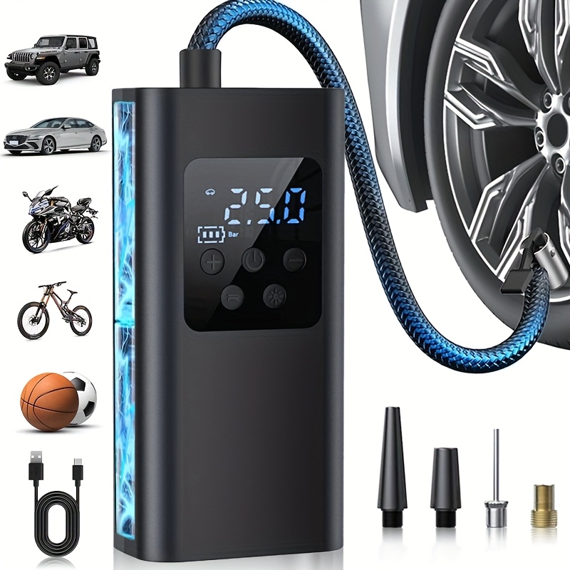 TEMU Portable Car Tire Inflator, Large Air Compressor With Type-c Fast Charging Cable, Led Light, Digital Display, Suitable For Cars, Motorcycles,