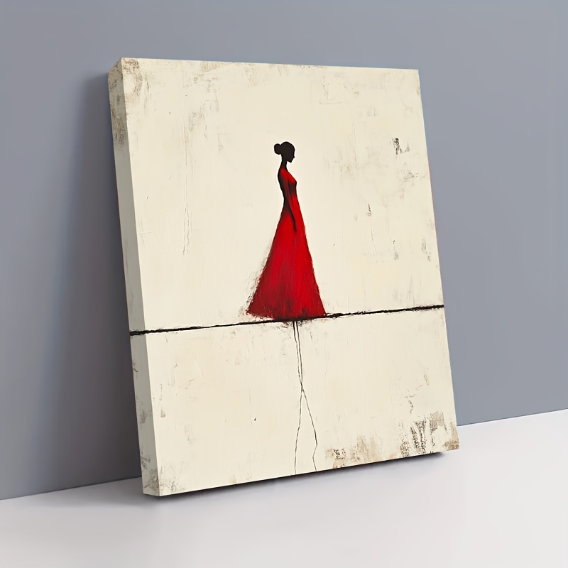 TEMU 2d Flat, 2d Flat, A Single Piece Of 2d Wooden Framed Canvas Artwork Featuring A Minimalist Of A Woman In A Red Dress. This Makes For A Perfect