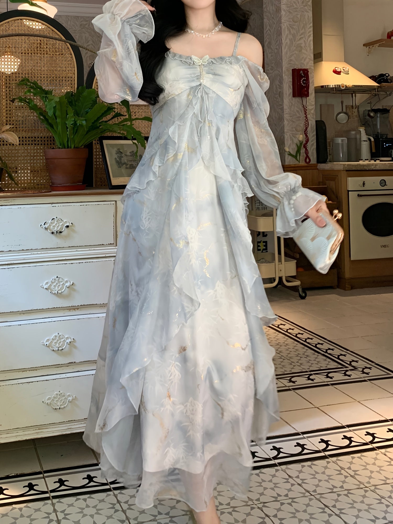 abito elegante donna stampa lavanda e spalle Temu Italy