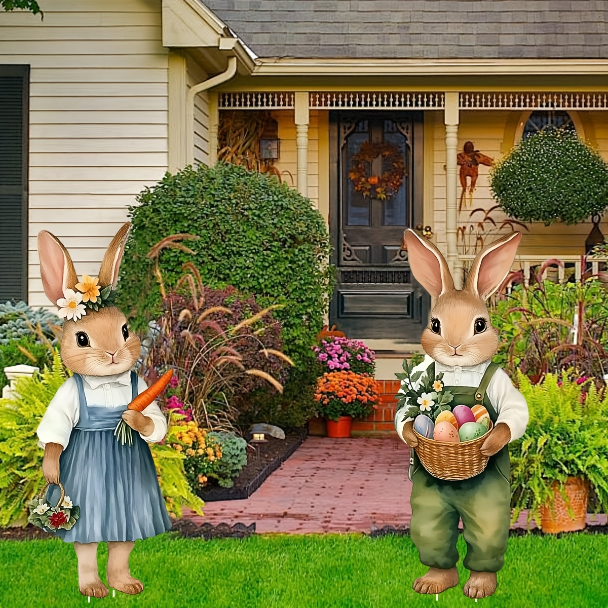 

2pcs Easter Bunny Garden Decorations With Stakes - Plastic Outdoor Lawn Signs Featuring Rabbits Holding Flowers & Eggs - & Yard Display