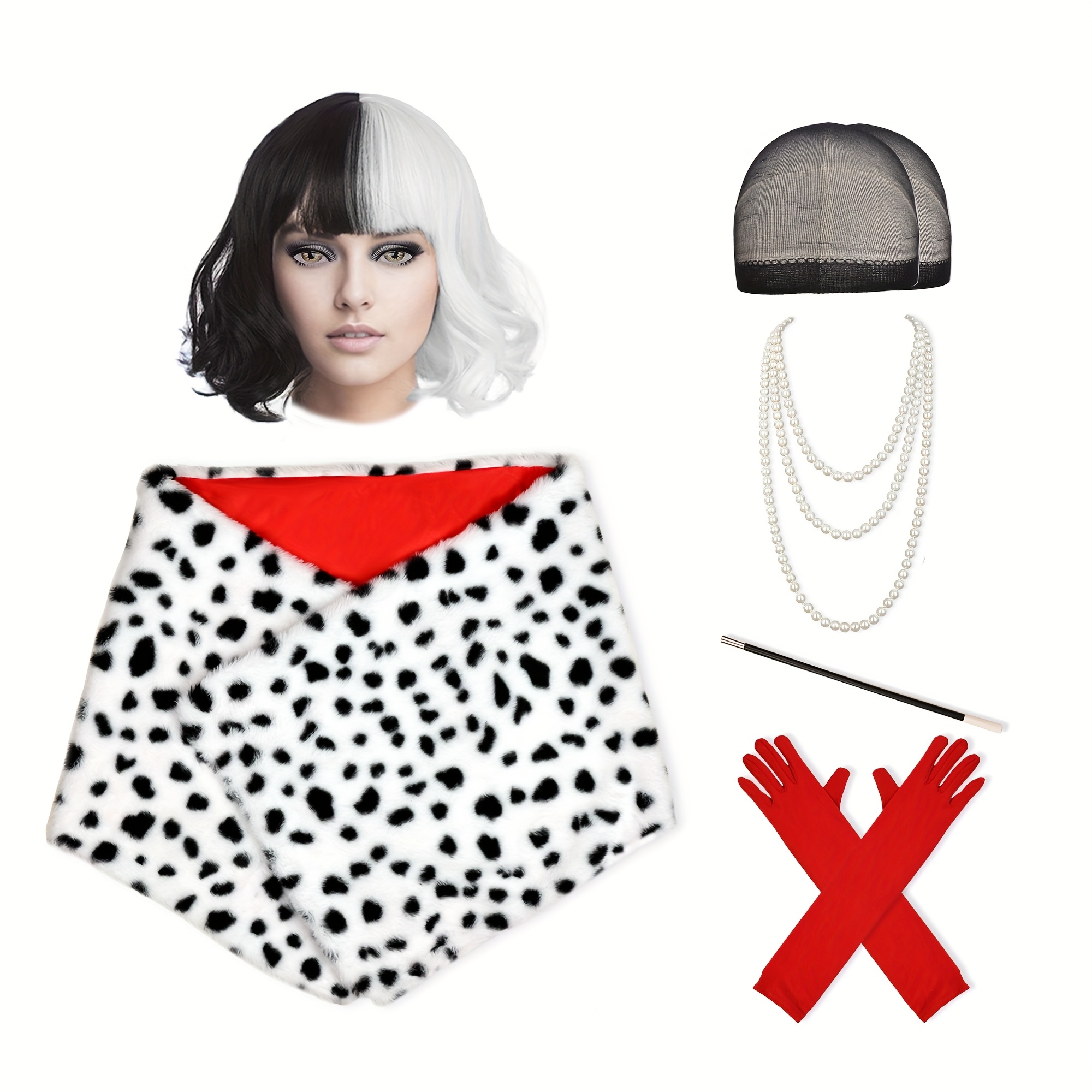 TEMU 7pcs Halloween Women's Costume, Includes Dalmatian Shawl, Black And White Wig, Red Gloves, Necklace Accessories, Costume Party Outfit, Without
