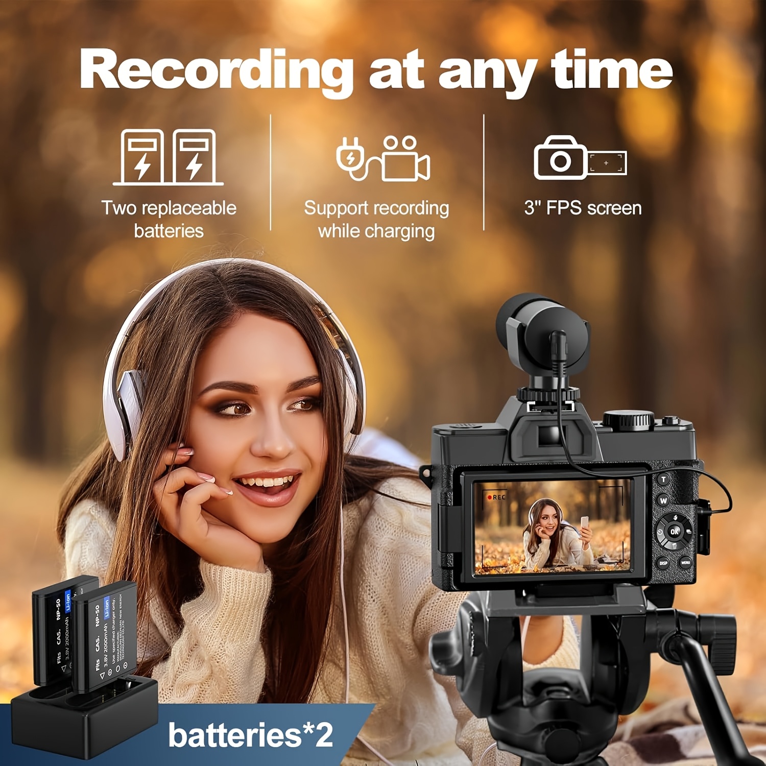 telecamera digitale nbd 48mp per fotografia con wifi e   app, fotocamera vlogging 4   , zoom 16x, -shake, scheda tf da 32gb, doppie batterie,   grandangolare 52mm e macro Dettagli dell'articolo 3