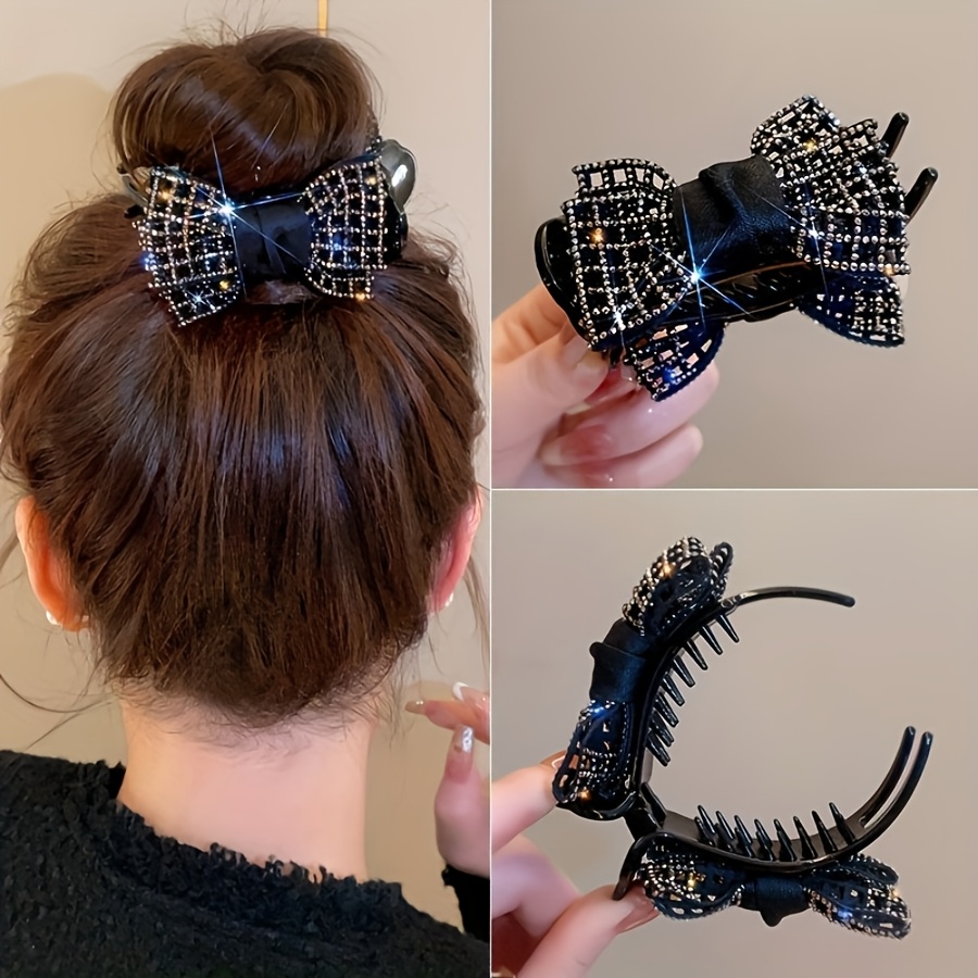 

Elegant Bowknot Hair Clip With Rhinestones - , Fabric Ponytail Holder For Women & Girls, Charm