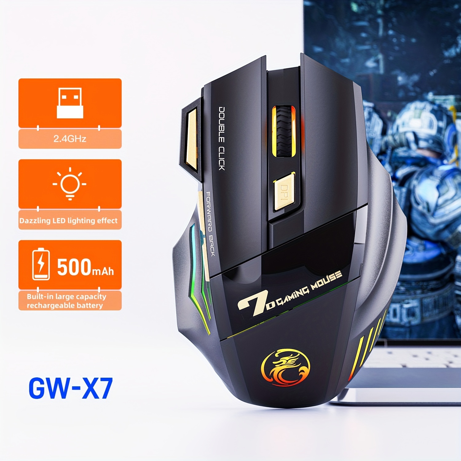 2.4g Wireless Gaming Mouse, Silent, Rechargeable, With Colorful Breathing Led Lights, 7-button Single-mode Mouse
