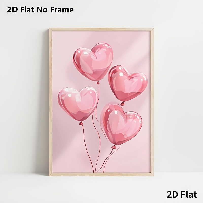 TEMU 2d Flat, 2d Flat, 1pc 2d Heart , Girly Room Wall Art, Heart Balloon Valentine's Day Poster, Frameless Canvas Print, Available, Suitable For Home