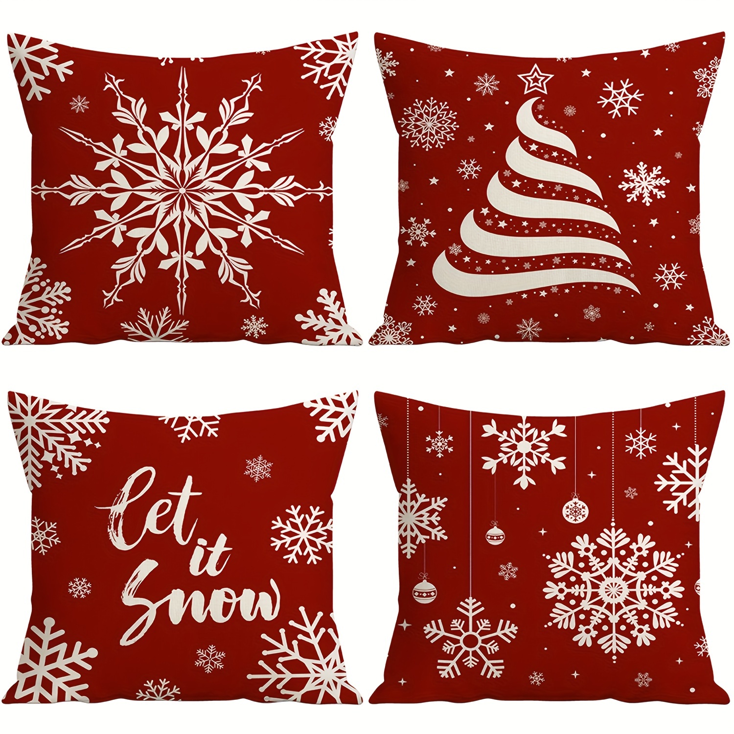 

Christmas Throw Pillow Covers Set Of 4, Contemporary Style, Snowflake And Christmas Tree Design, Machine Washable, Zippered Polyester Pillowcases For Various Room Types, Woven Construction