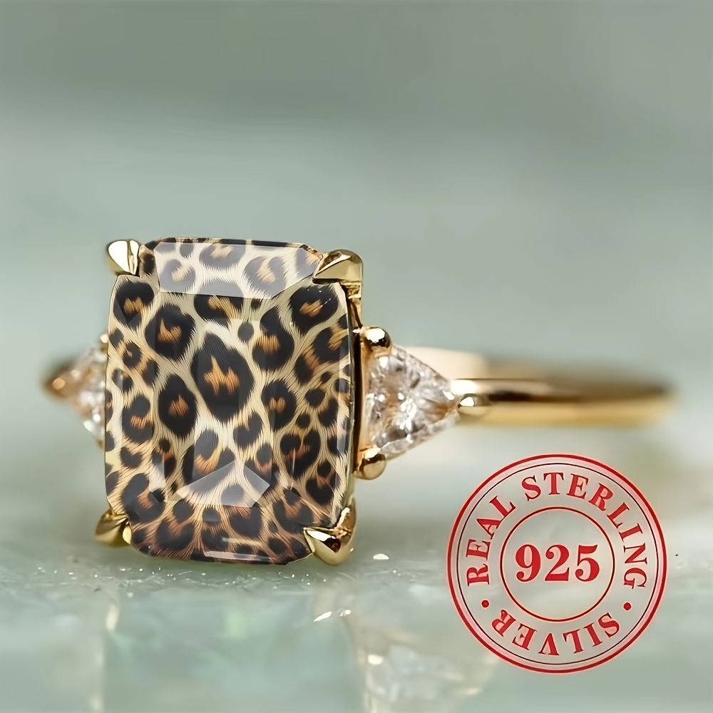 TEMU Bague rectangulaire à motif léopard texturé, bague de fiançailles triangulaire pour femmes avec latérale, bague cadeau de demande en mariage à