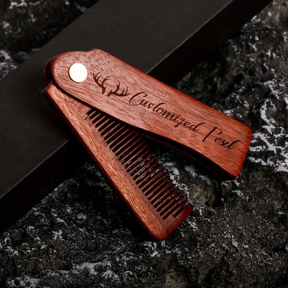 

1pc Engraved Personalized Wooden Folding Beard Comb With Gift Box, Custom Text Barber Comb, Unscented Grooming Accessory, Ideal Birthday, Valentine's Day Gift For Him