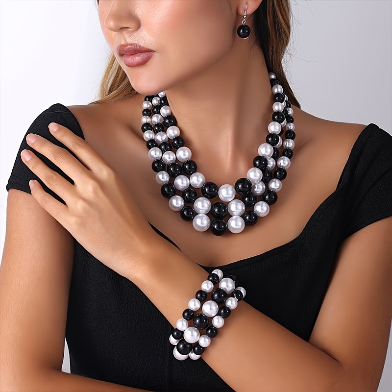 

Bohemian Style Vacation Jewelry Set - Imitation Pearl, Black And White, Includes 1 Necklace, 3 Bracelets, And 1 Pair Of Earrings For Party And Holiday - Versatile All-season Accessory
