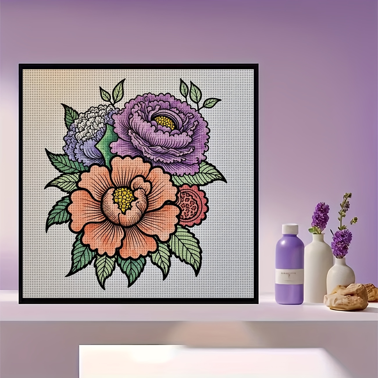 Frameless Cross-Stitch Printing Kit, Colorful Floral Illustration