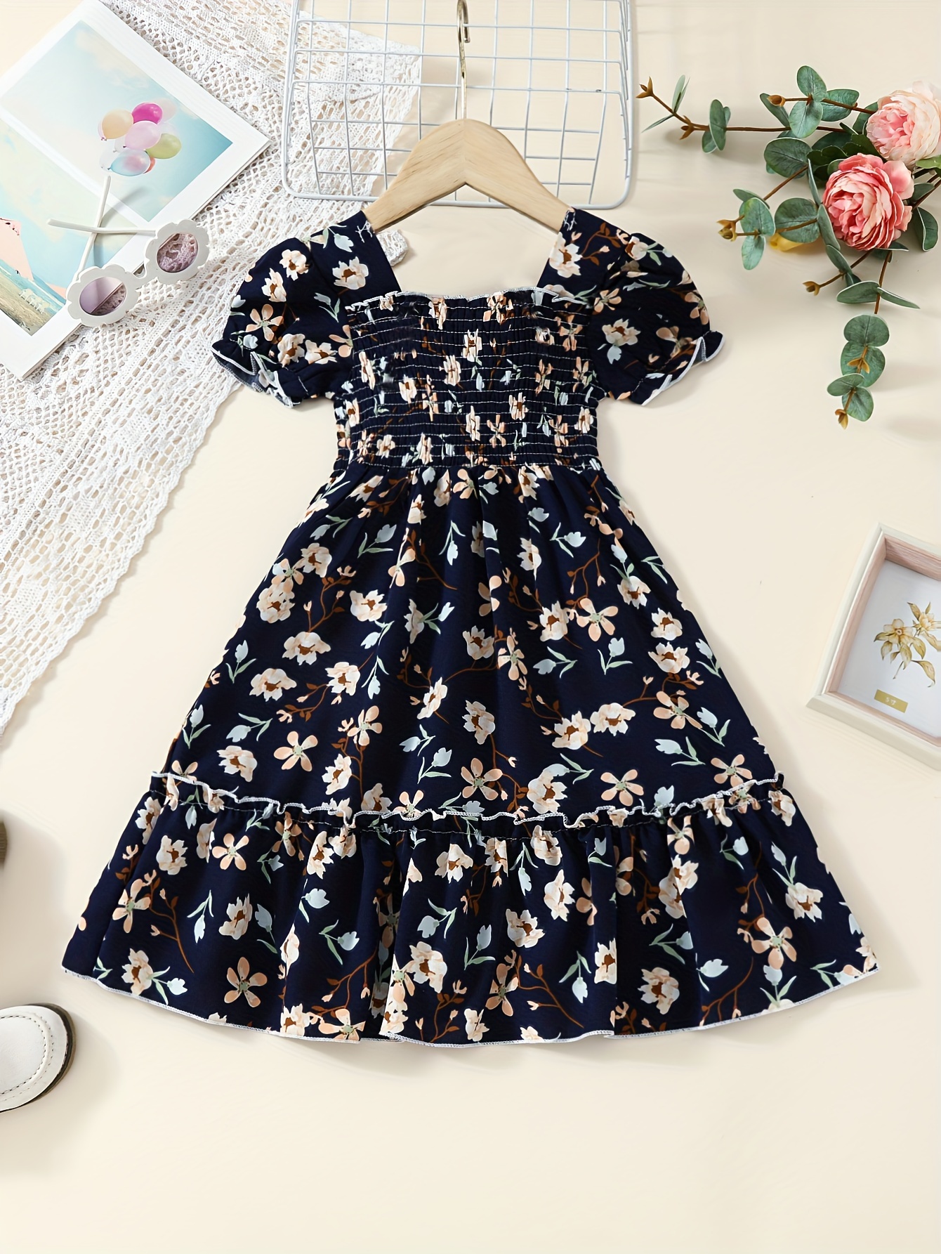 elegant girls flower print puff short sleeve dress girls - Temu