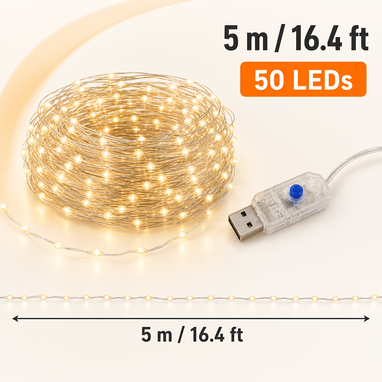 TEMU 1 guirlande lumineuse blanche chaude, guirlande lumineuse, guirlande lumineuse d'intérieur, 5M 50LED fil de cuivre alimenté par USB, flexible,