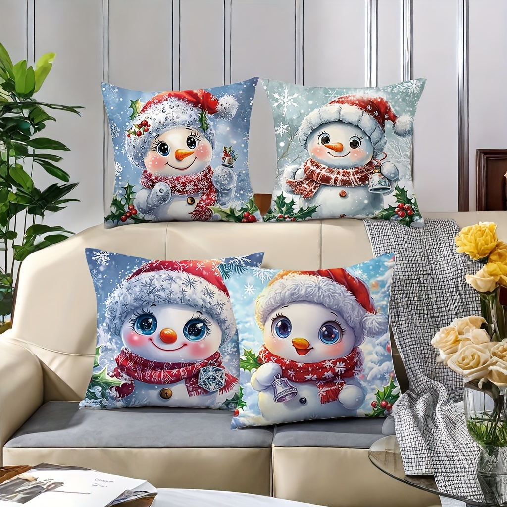 

4pcs Set Christmas Throw Pillow Covers - Snowman Design, Soft Polyester, Zippered, Machine Washable - Living Room & Bedroom Decor, 17.2"x17.2" - No Insert, Christmas Pillows