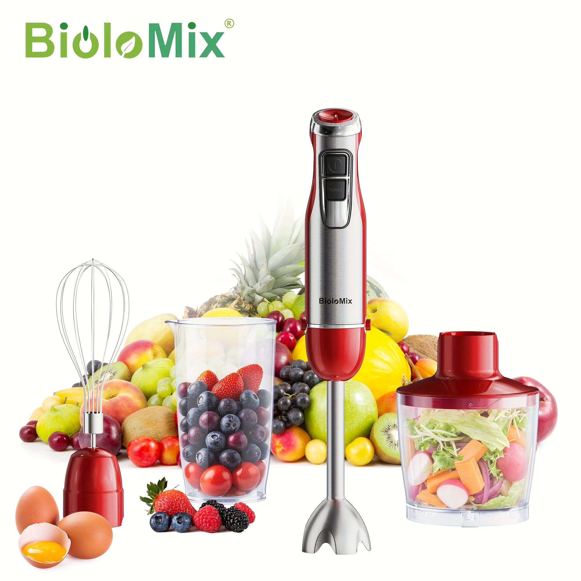 TEMU Biolomix Batidora de de Inmersión 4 en 1 con 6 Velocidades, Trituradora de Verduras, Varilla Batidora, Batidora de Huevos, y Vaso Picador de