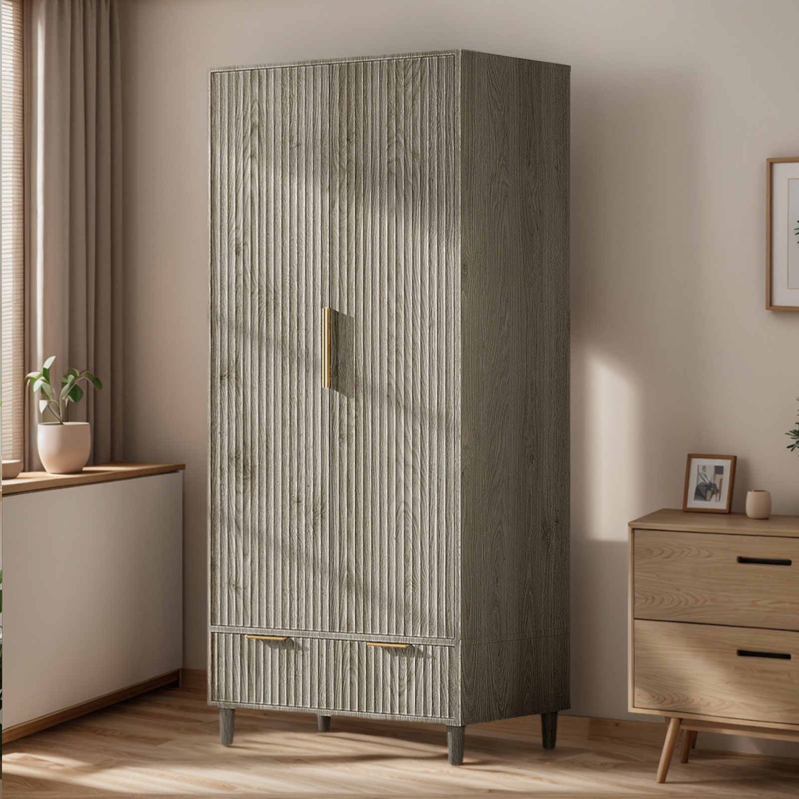 Bonnlo Fluted Wardrobe Armoire - Freestanding Wood & MDF Cabinet with Hanging Rack, Shelves & Drawers, Pre-Assembled Bedroom Closet Suitable for Apartments, Dorms, Small Spaces