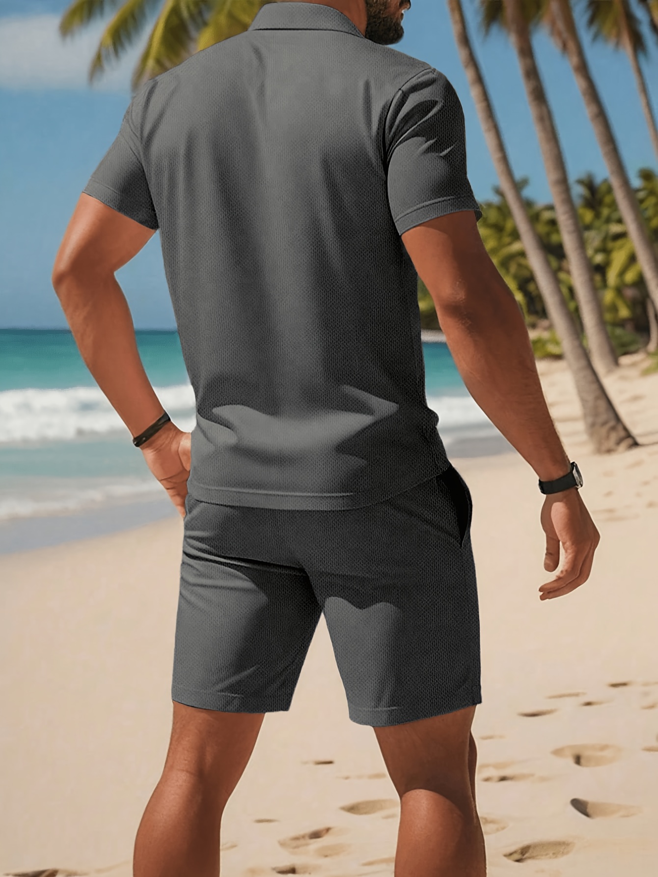 Men's Solid Color Short Sleeve Shirt with Drawstring Shorts Set - Summer Business Casual T-Shirt and Shorts Outfit for Everyday Leisure Wear