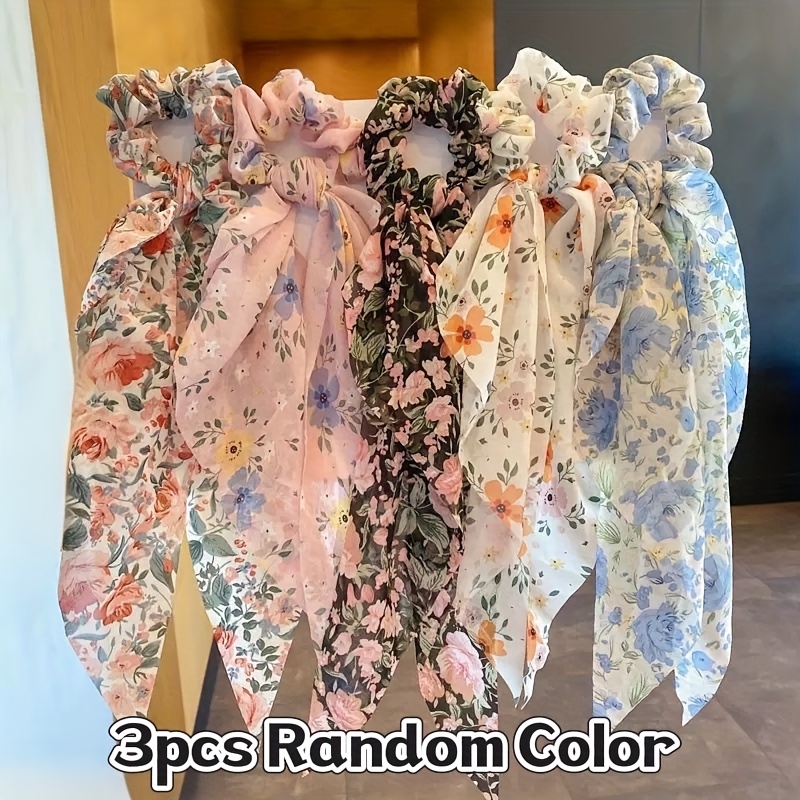 Image of 3pcs Set, Random Color Ribbon Floral Print Hair Ties, New Style Floral Print Headbands, Scarf Hair Ties, Hair Bands, Elastic Hair Ties